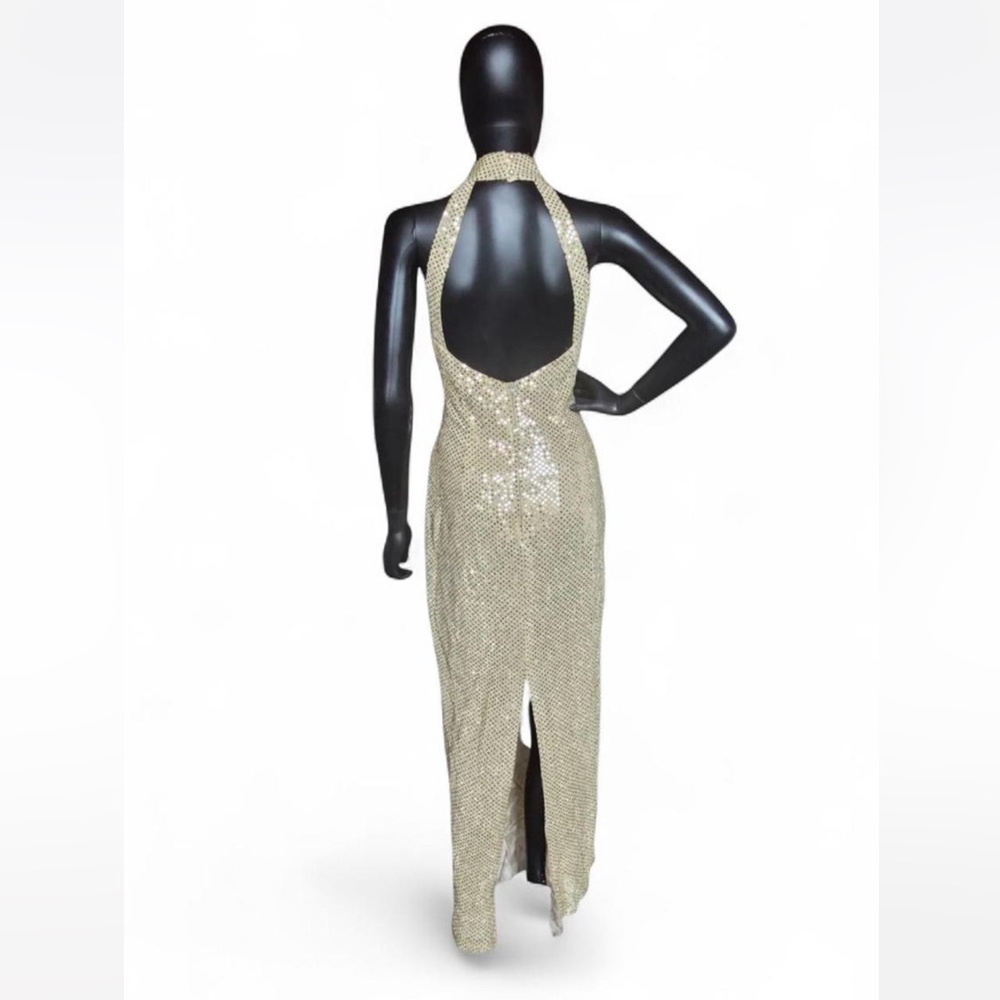 Vintage Y2K Roberta Gold Metallic Sequins Halter Maxi Dress - Picture 5 of 7